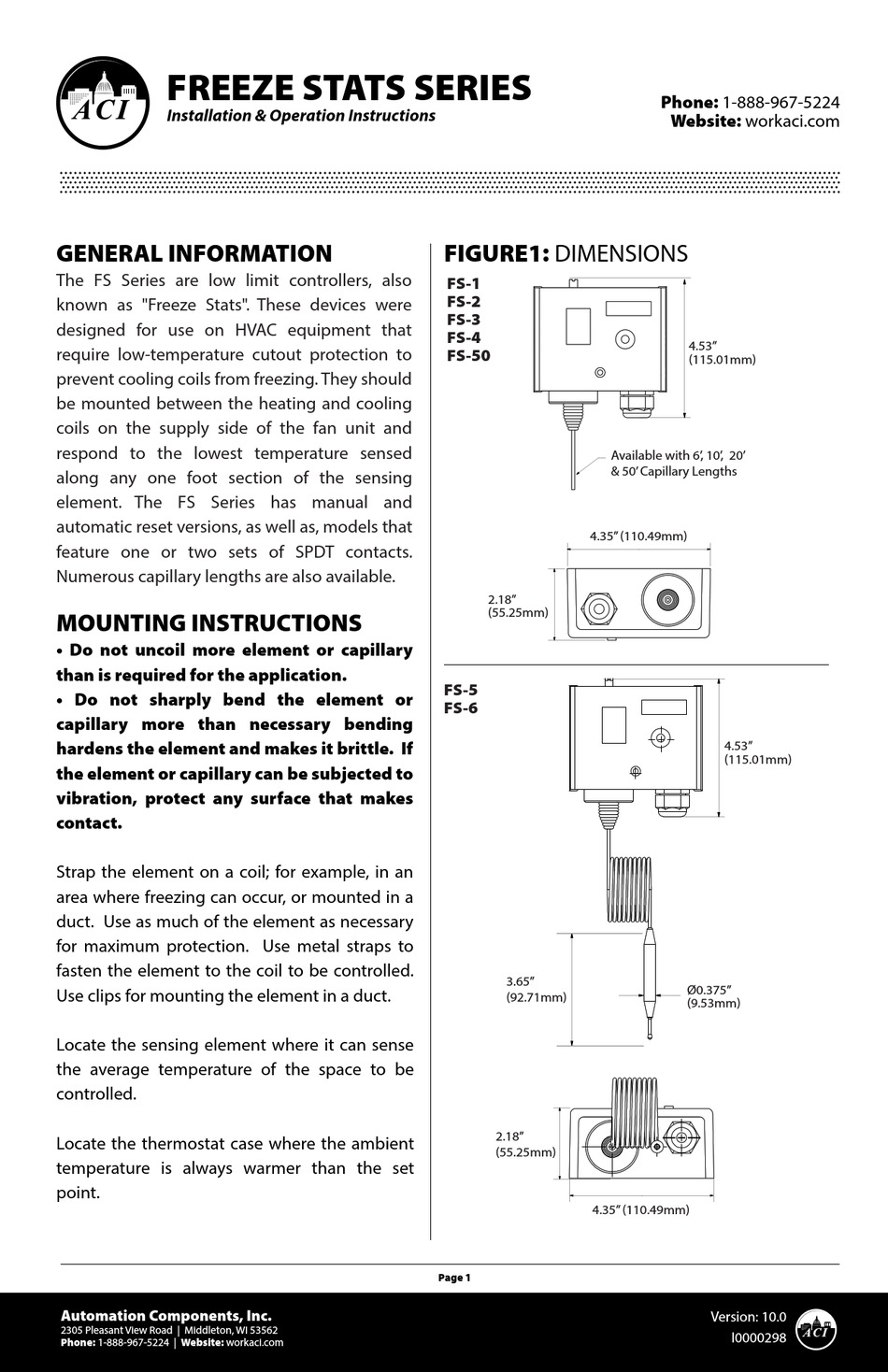 ACI FREEZE STATS SERIES INSTALLATION & OPERATION INSTRUCTIONS Pdf ...