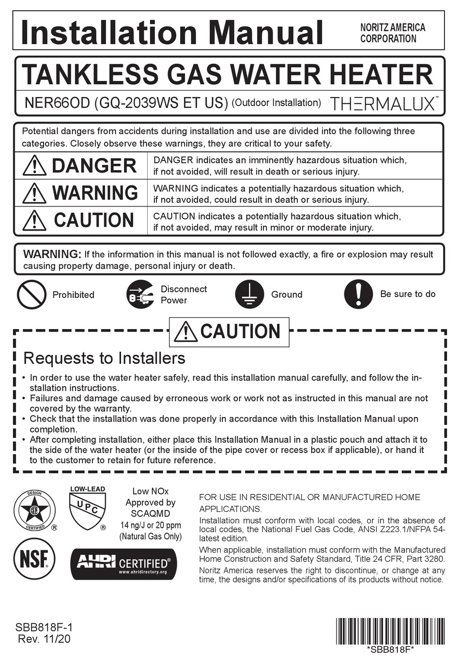 NORITZ THERMALUX NER66OD INSTALLATION MANUAL Pdf Download ManualsLib