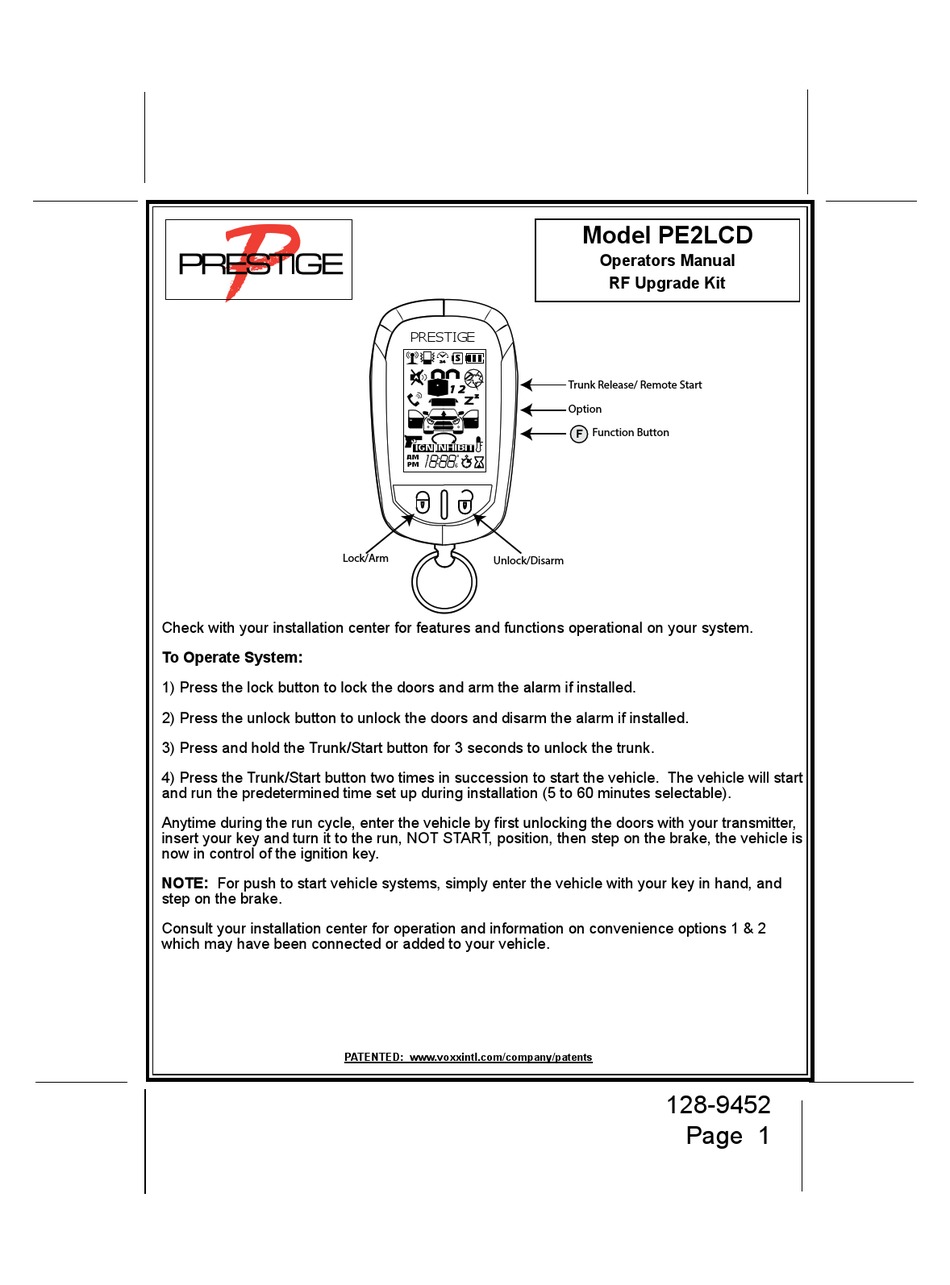 VOXX ELECTRONICS PRESTIGE PE2LCD OPERATOR'S MANUAL Pdf Download