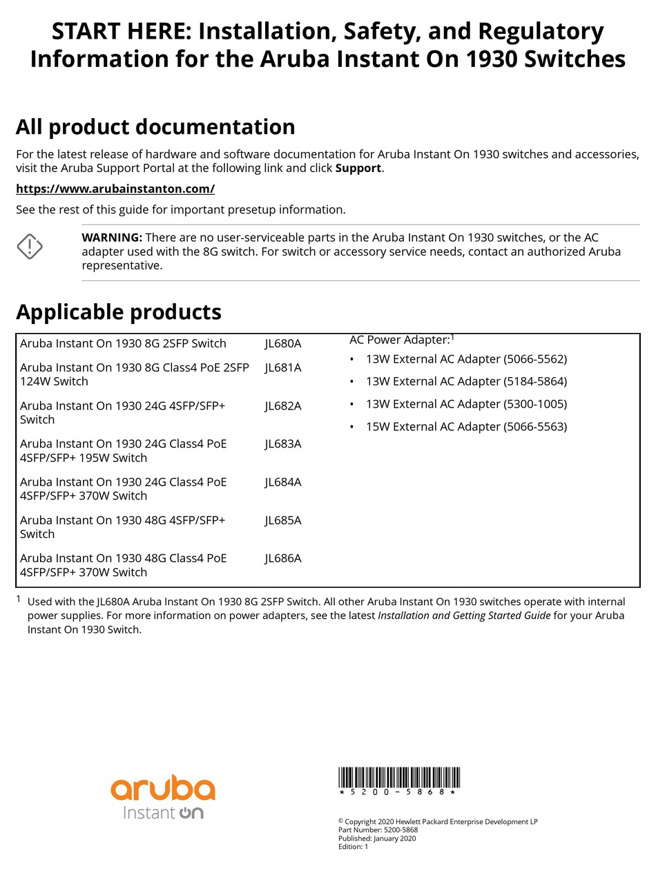 ARUBA INSTANT ON 1930 INSTALLATION, SAFETY, AND REGULATORY INFORMATION ...