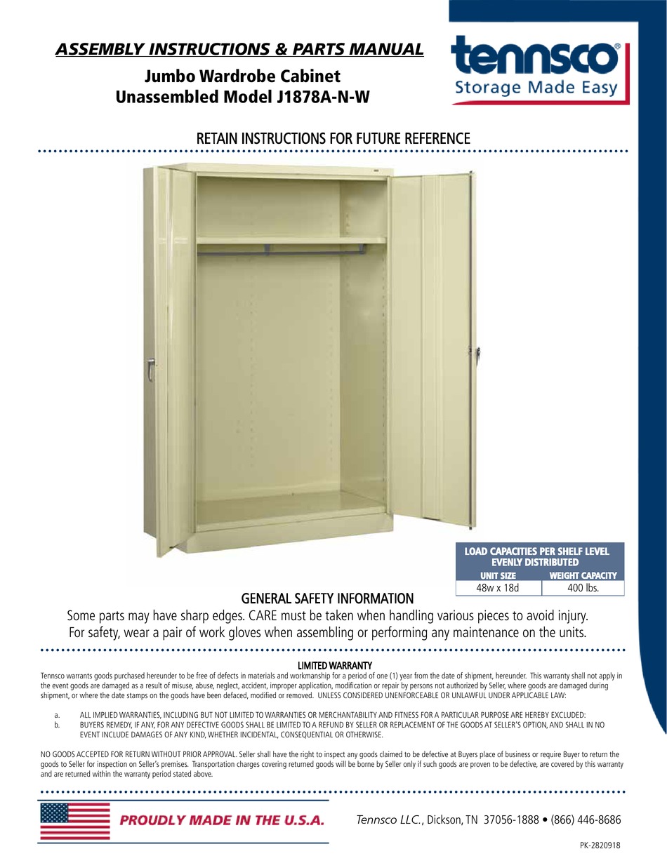 TENNSCO J1878ANW ASSEMBLY INSTRUCTIONS/PARTS MANUAL Pdf Download