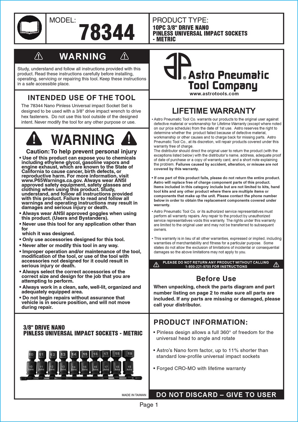 ASTRO PNEUMATIC TOOL 78344 QUICK MANUAL Pdf Download ManualsLib