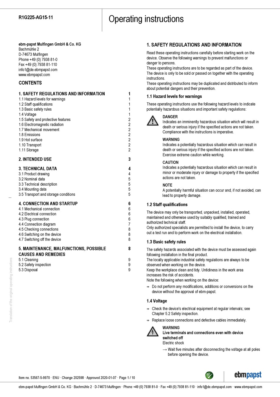 EBM-PAPST R1G225-AG15-11 OPERATING INSTRUCTIONS MANUAL Pdf Download ...