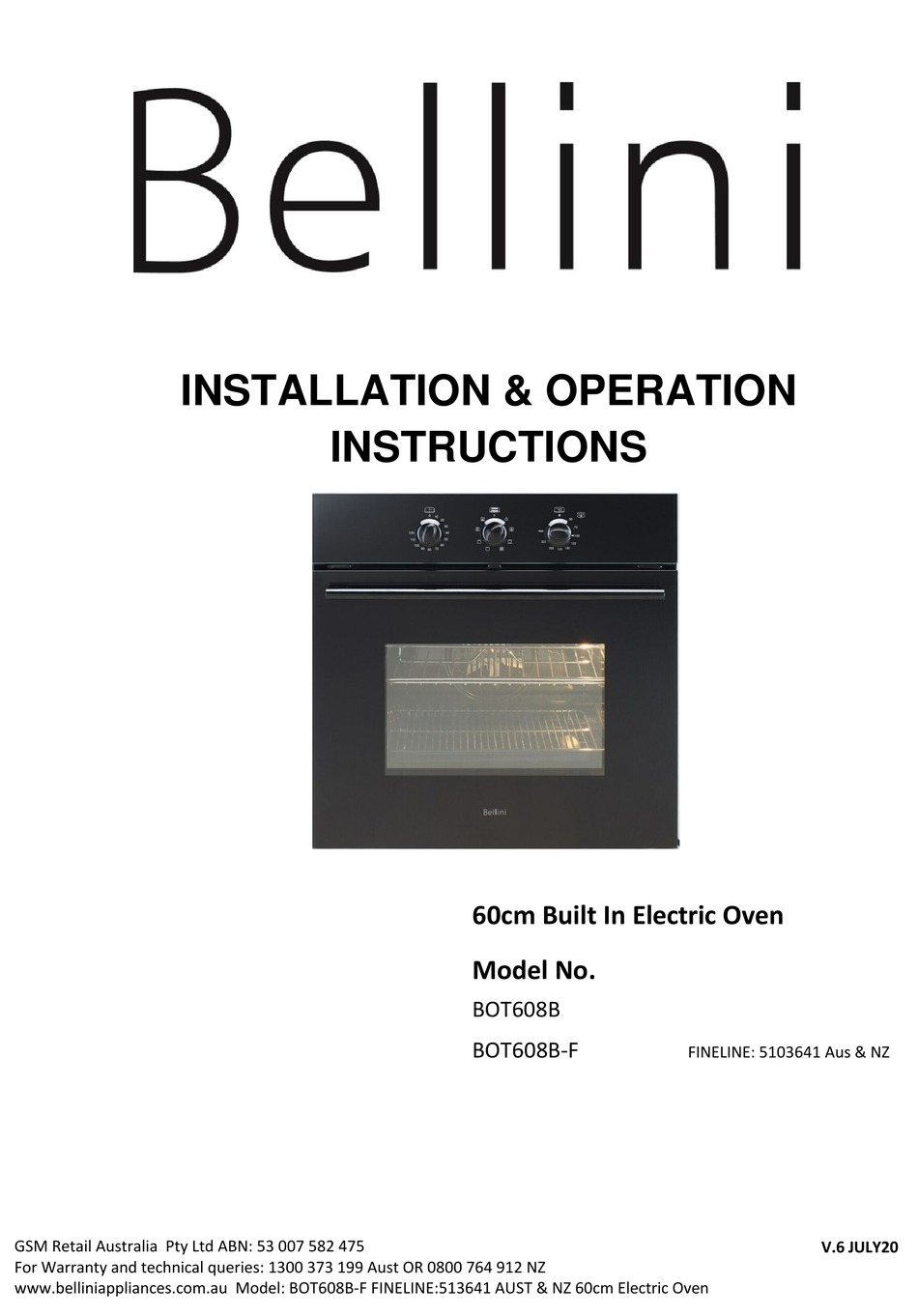 BELLINI BOT608B INSTALLATION & OPERATION INSTRUCTIONS Pdf Download