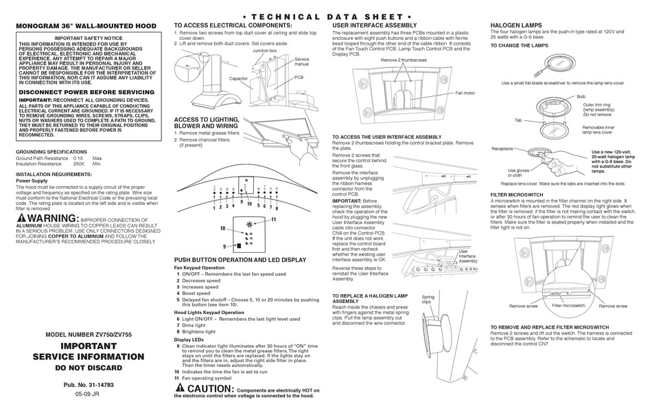 GE MONOGRAM ZV750 TECHNICAL DATA SHEET Pdf Download ManualsLib