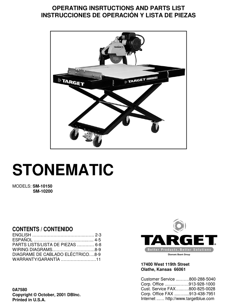 TARGET STONEMATIC SM 10150 OPERATING INSRTUCTIONS AND PARTS LIST Pdf