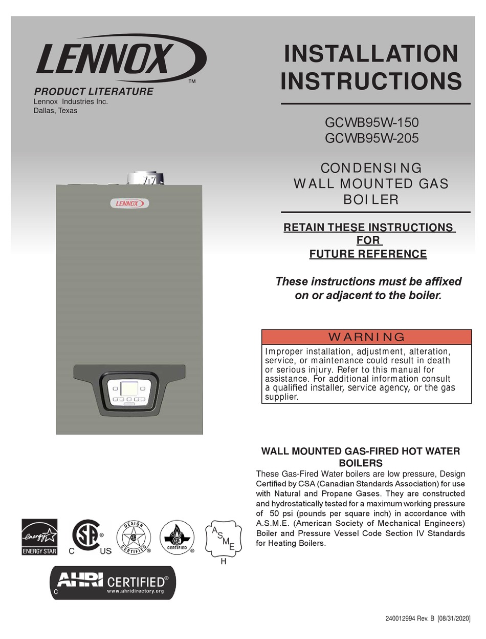 LENNOX GCWB95W-205 INSTALLATION INSTRUCTIONS MANUAL Pdf Download ...
