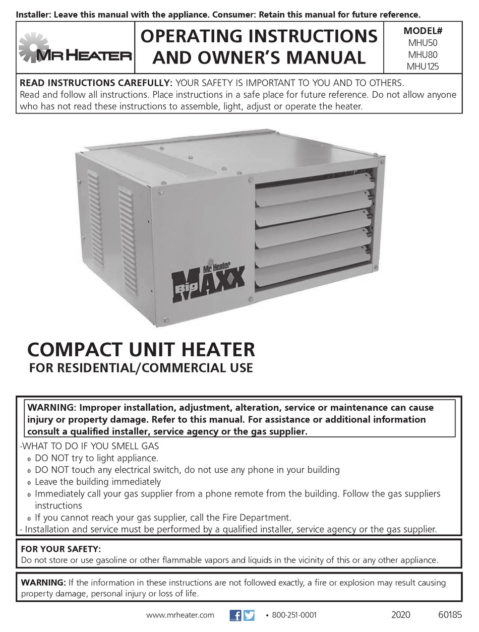 MR. HEATER BIG MAXX MHU125 OPERATING INSTRUCTIONS AND OWNER'S MANUAL