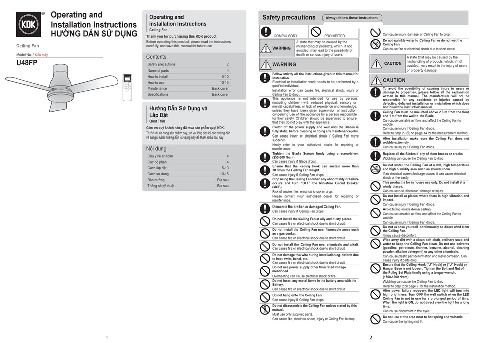 Kdk U Fp Operating And Installation Instructions Pdf Download Manualslib