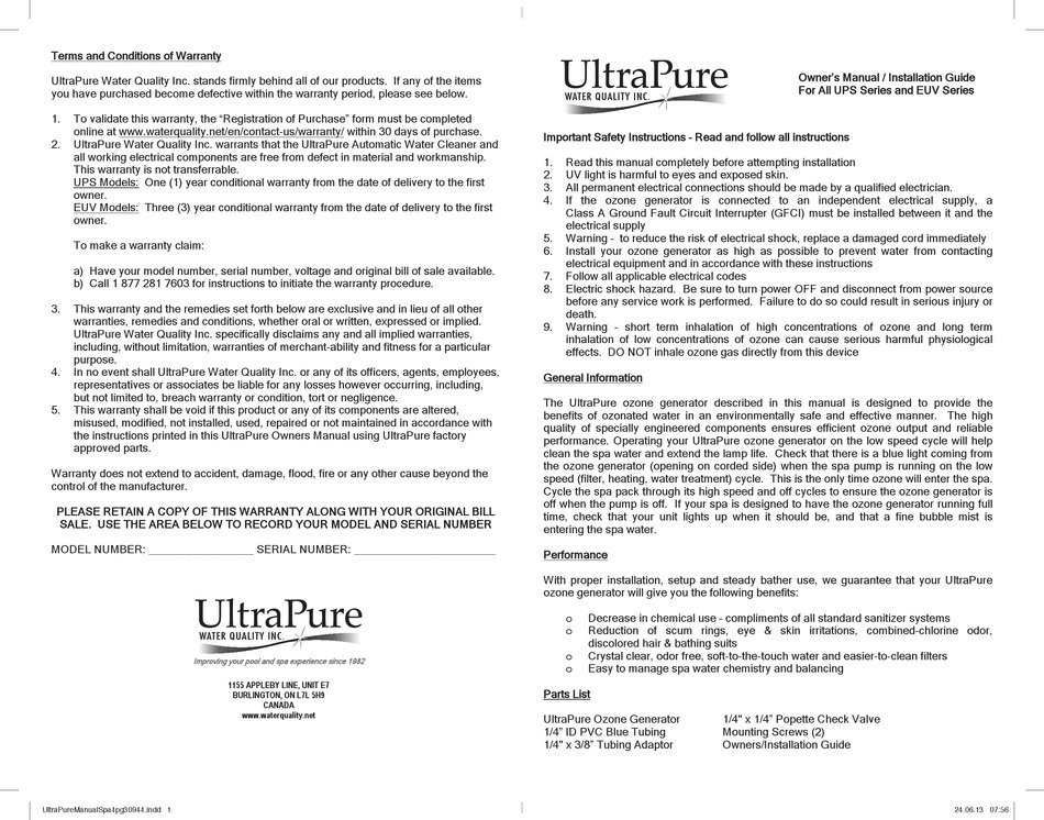 WATER QUALITY ULTRAPURE UPS SERIES OWNER'S MANUAL & INSTALLATION MANUAL