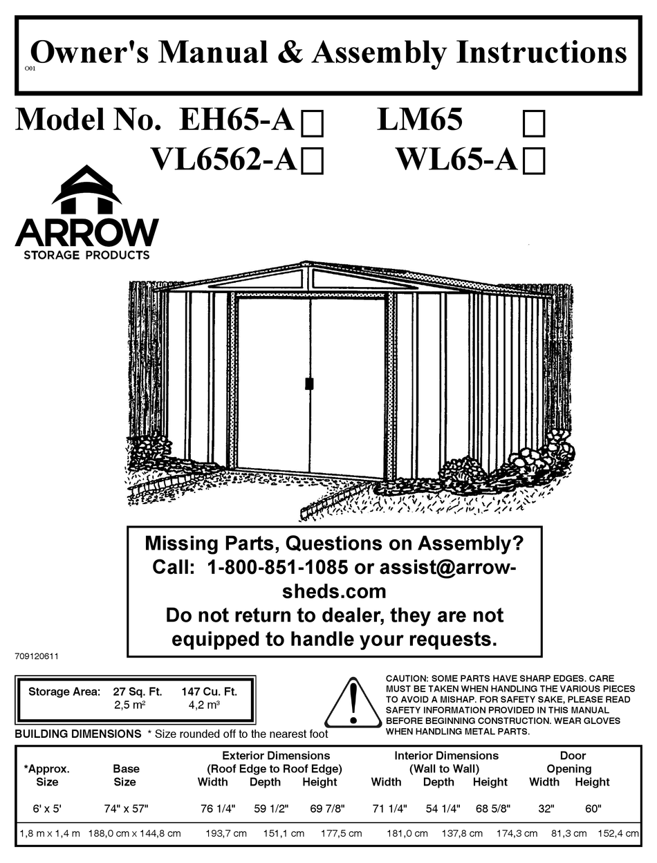 ARROW STORAGE PRODUCTS EH65-A OWNER'S MANUAL & ASSEMBLY INSTRUCTIONS ...