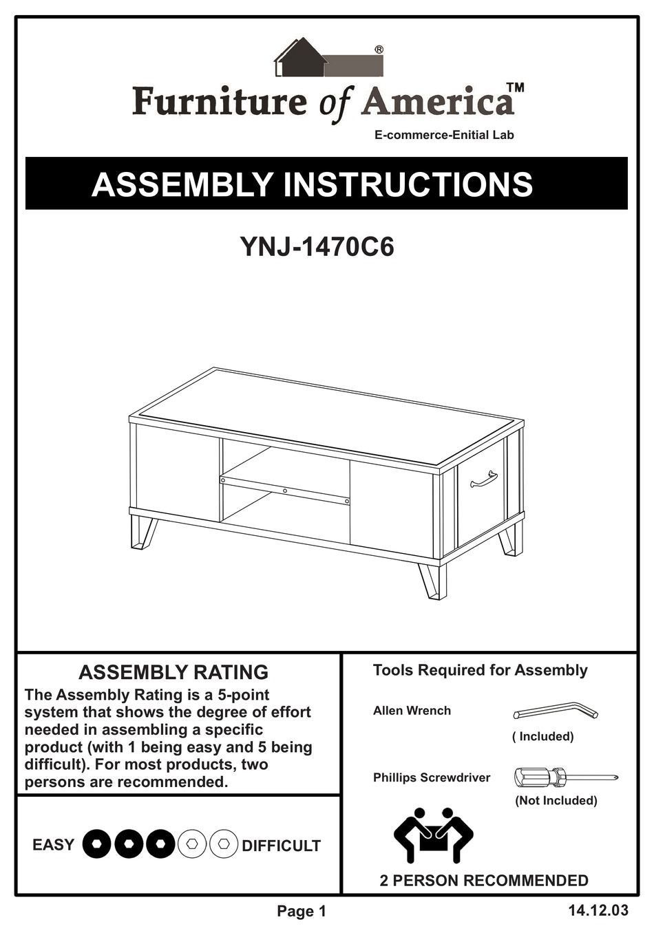 FURNITURE OF AMERICA YNJ1470C6 ASSEMBLY INSTRUCTIONS MANUAL Pdf
