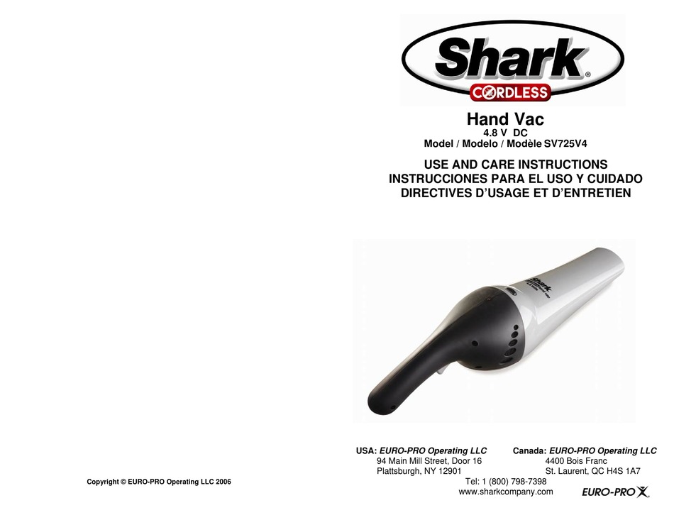 EUROPRO SHARK CORDLESS SV725V4 USE AND CARE INSTRUCTIONS MANUAL Pdf