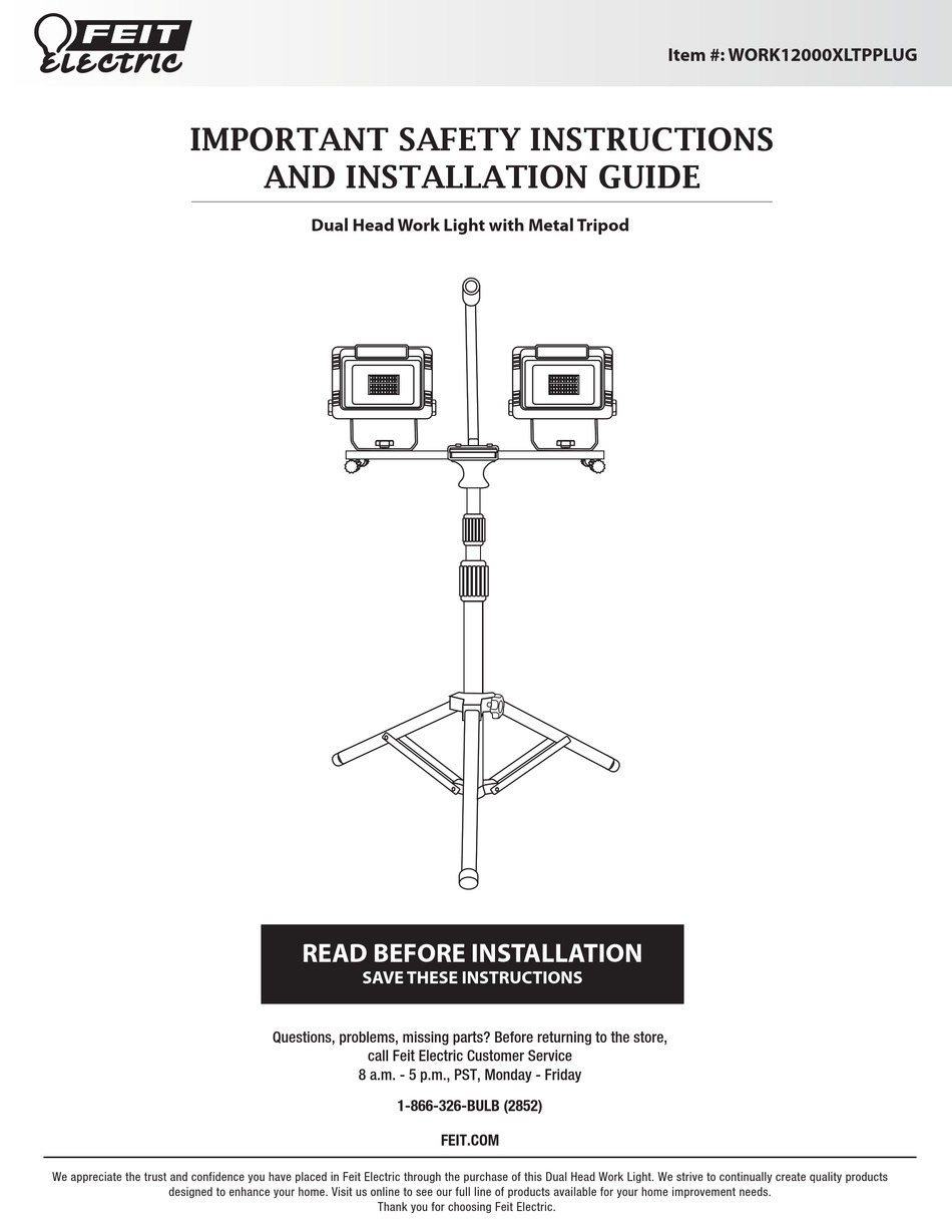 FEIT ELECTRIC WORK12000XLTPPLUG IMPORTANT SAFETY INSTRUCTIONS AND