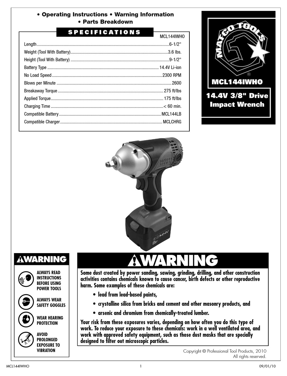 MATCO TOOLS MCL144IWHO OPERATING INSTRUCTIONS MANUAL Pdf Download