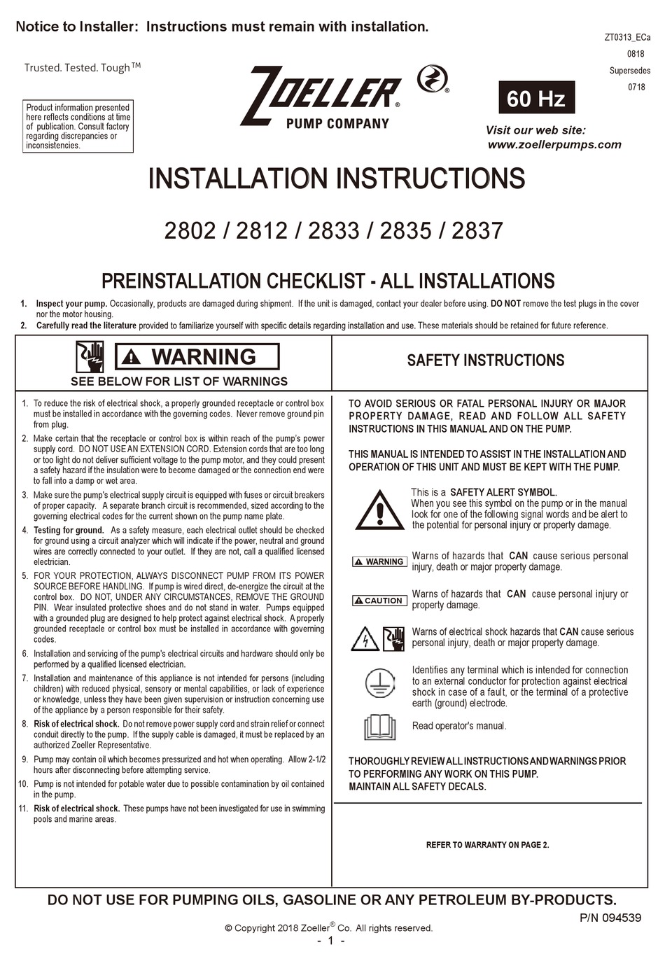 ZOELLER 2802 INSTALLATION INSTRUCTIONS MANUAL Pdf Download | ManualsLib