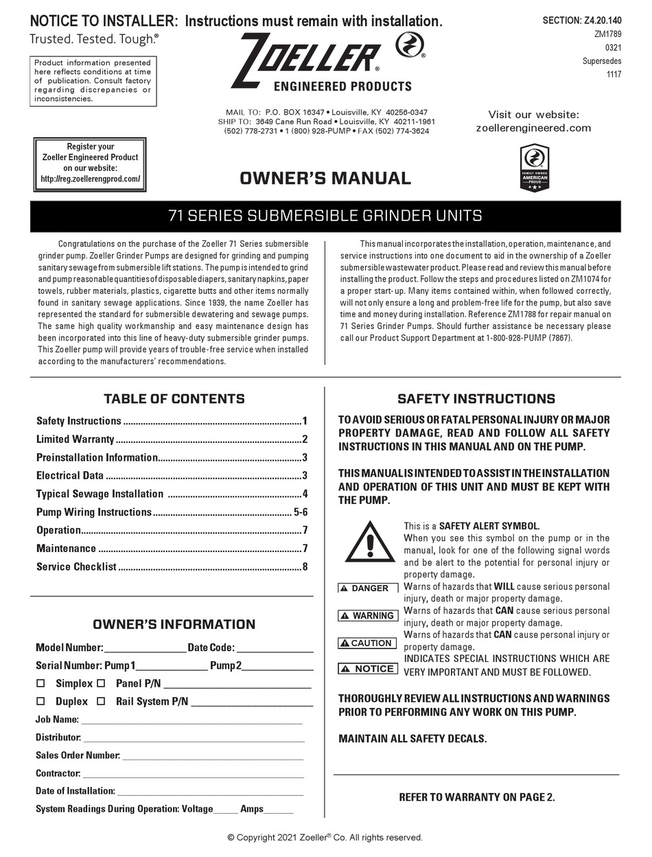 ZOELLER 71 SERIES OWNER'S MANUAL Pdf Download | ManualsLib