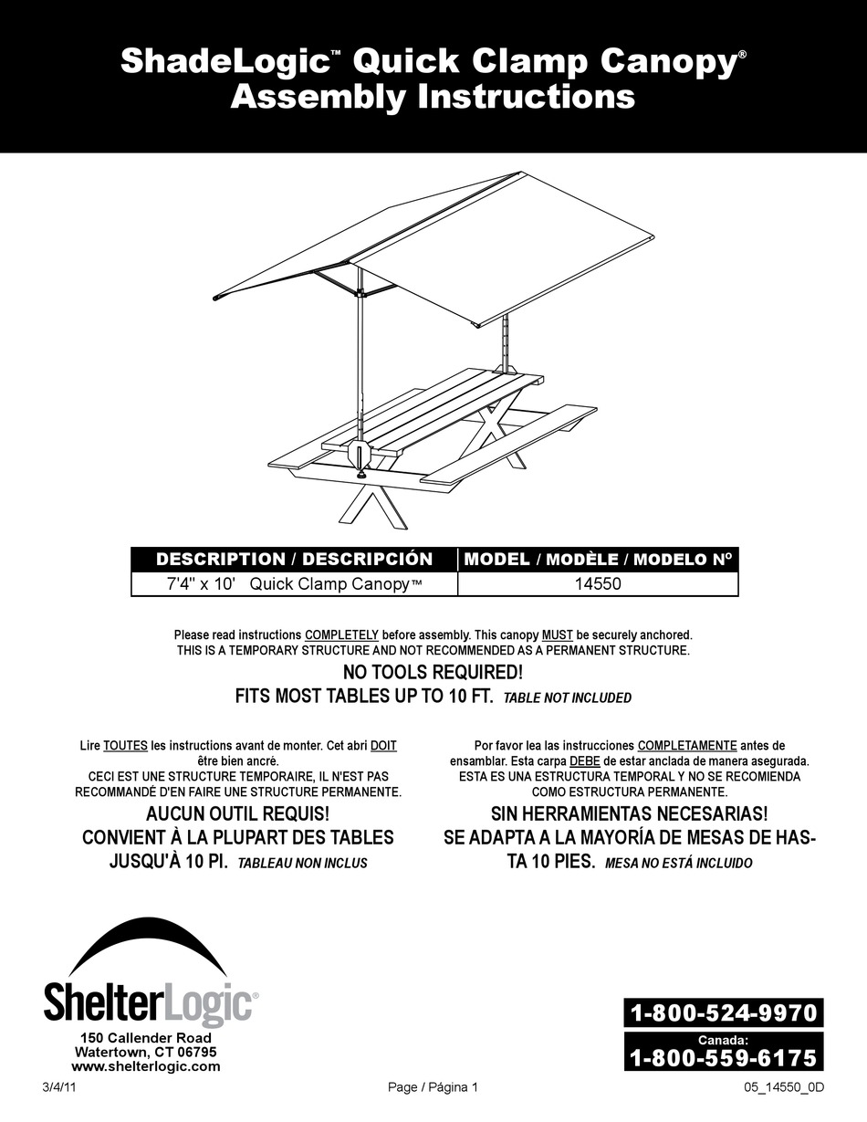 SHELTERLOGIC SHADELOGIC 14550 ASSEMBLY INSTRUCTIONS Pdf Download