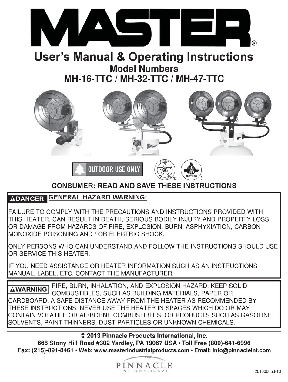 Pinnacle International Master Mh 16 Ttc Users Manual And Operating