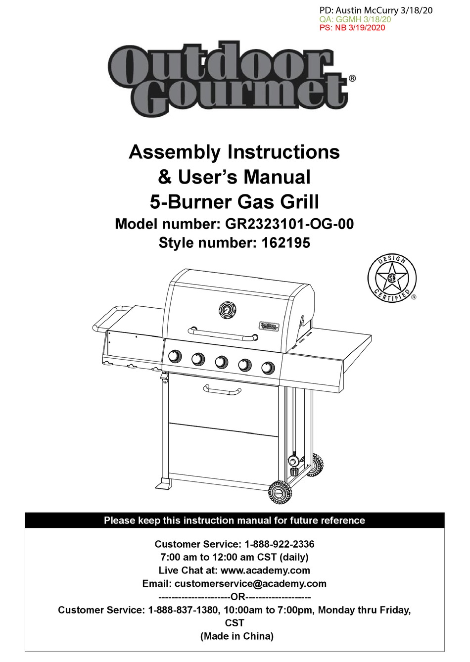 OUTDOOR GOURMET GR2323101OG00 ASSEMBLY INSTRUCTIONS & USER MANUAL Pdf