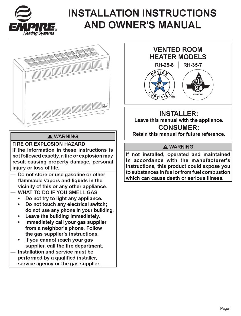 EMPIRE HEATING SYSTEMS RH258 INSTALLATION INSTRUCTIONS AND OWNER'S