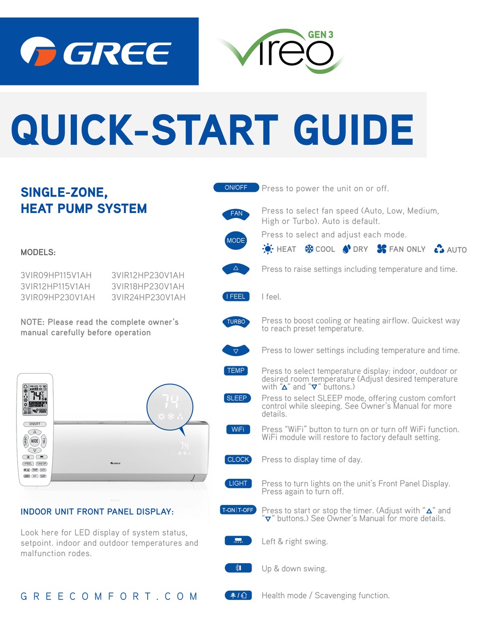 GREE 3VIR09HP115V1AH QUICK START MANUAL Pdf Download ManualsLib