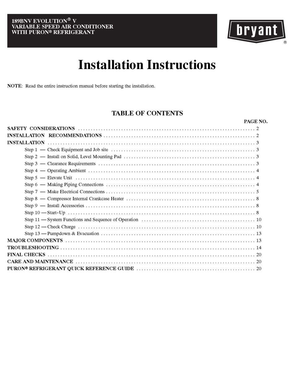 BRYANT EVOLUTION V 189BNV SERIES INSTALLATION INSTRUCTIONS MANUAL Pdf ...