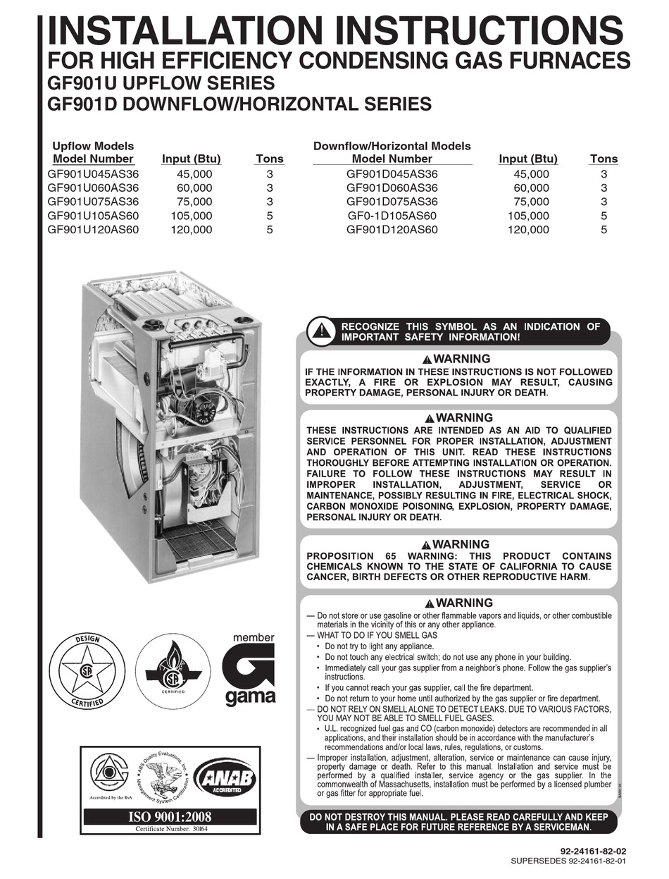 HEAT CONTROLLER GF901U UPFLOW SERIES INSTALLATION INSTRUCTIONS MANUAL