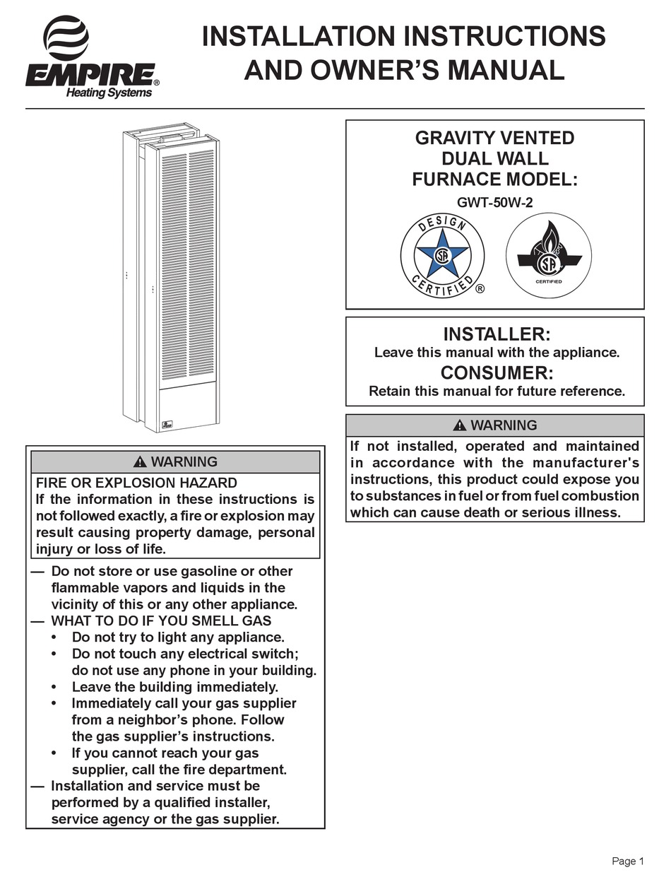 EMPIRE HEATING SYSTEMS GWT50W2 INSTALLATION INSTRUCTIONS AND OWNER'S