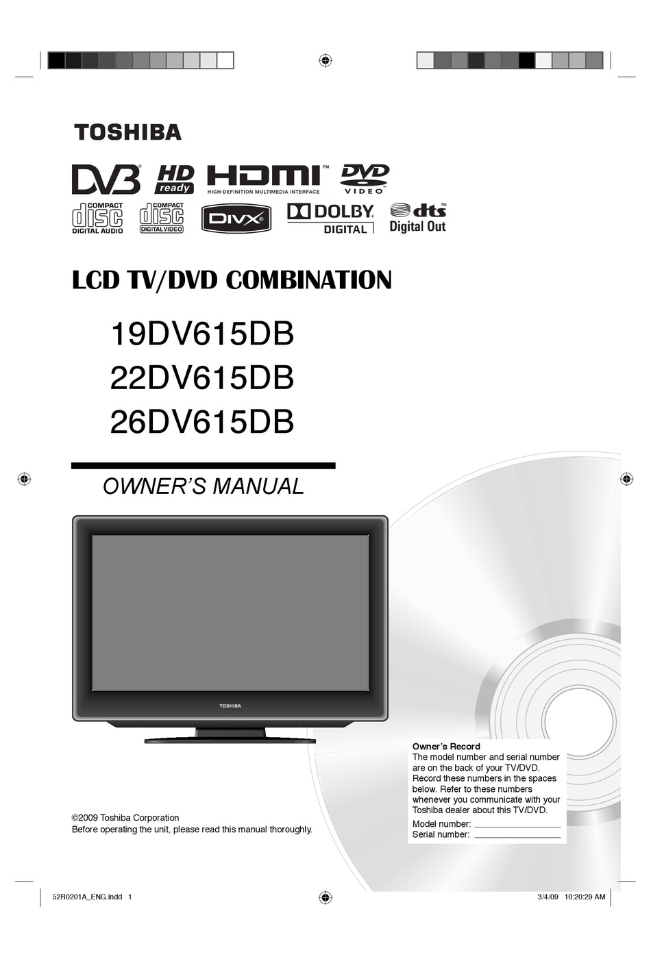 TOSHIBA 19DV615DB OWNER'S MANUAL Pdf Download | ManualsLib