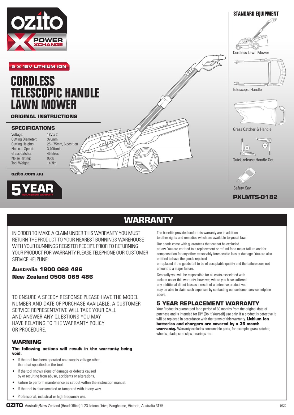 OZITO POWERXCHANGE PXLMTS0182 ORIGINAL INSTRUCTIONS MANUAL Pdf
