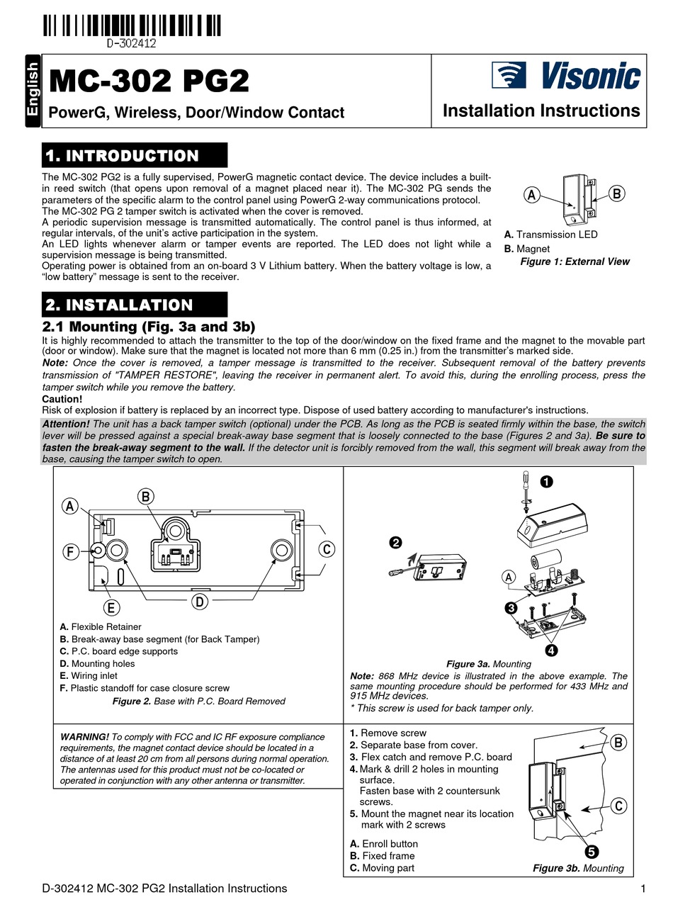 VISONIC MC302 PG2 INSTALLATION INSTRUCTIONS Pdf Download ManualsLib