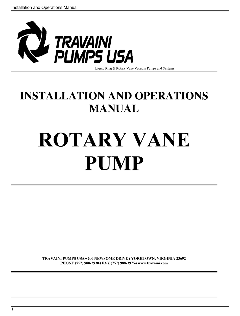 TRAVAINI PUMPS USA PVL 1015 INSTALLATION AND OPERATION MANUAL Pdf