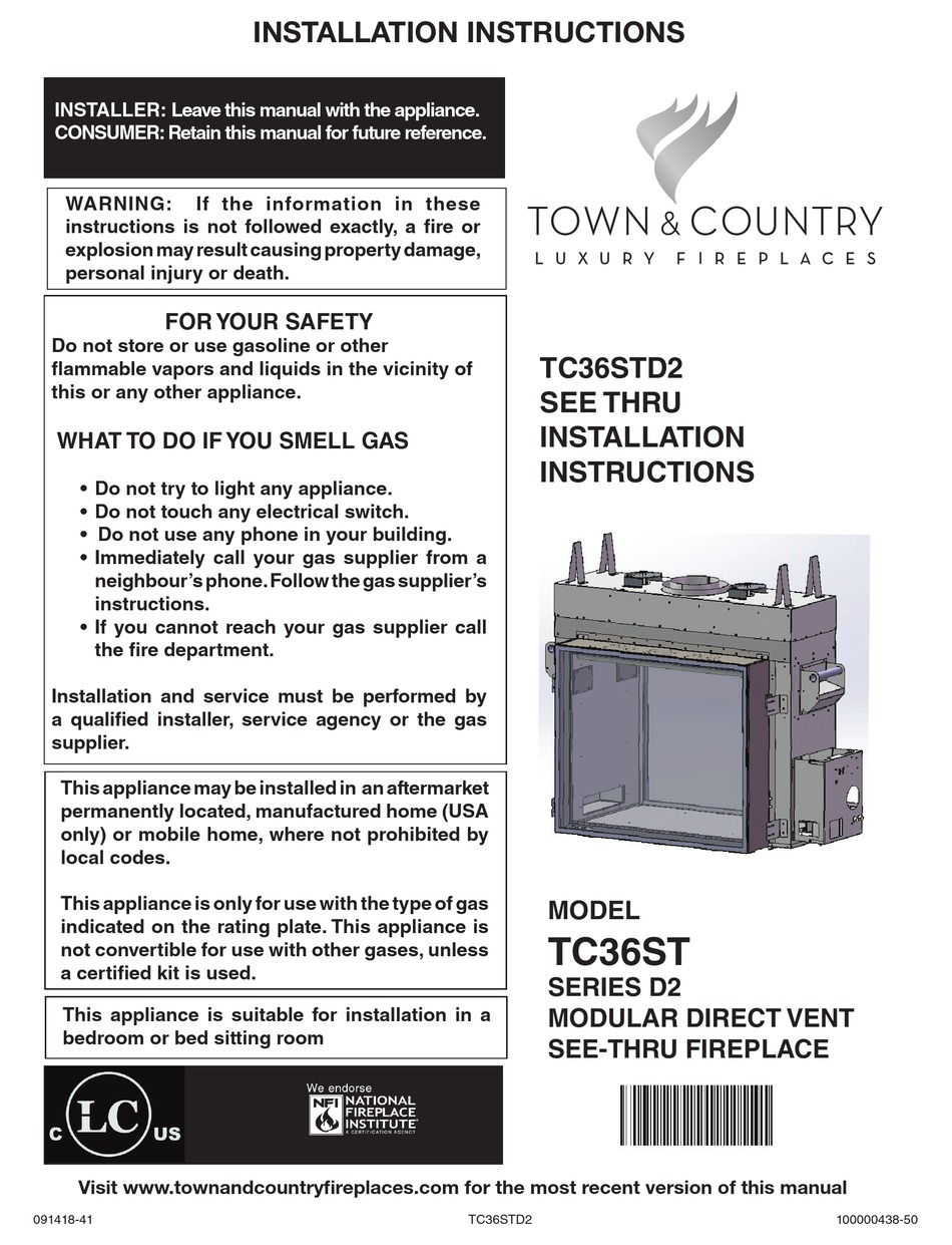 TOWN & COUNTRY FIREPLACES TC36STD2 INSTALLATION INSTRUCTIONS MANUAL Pdf