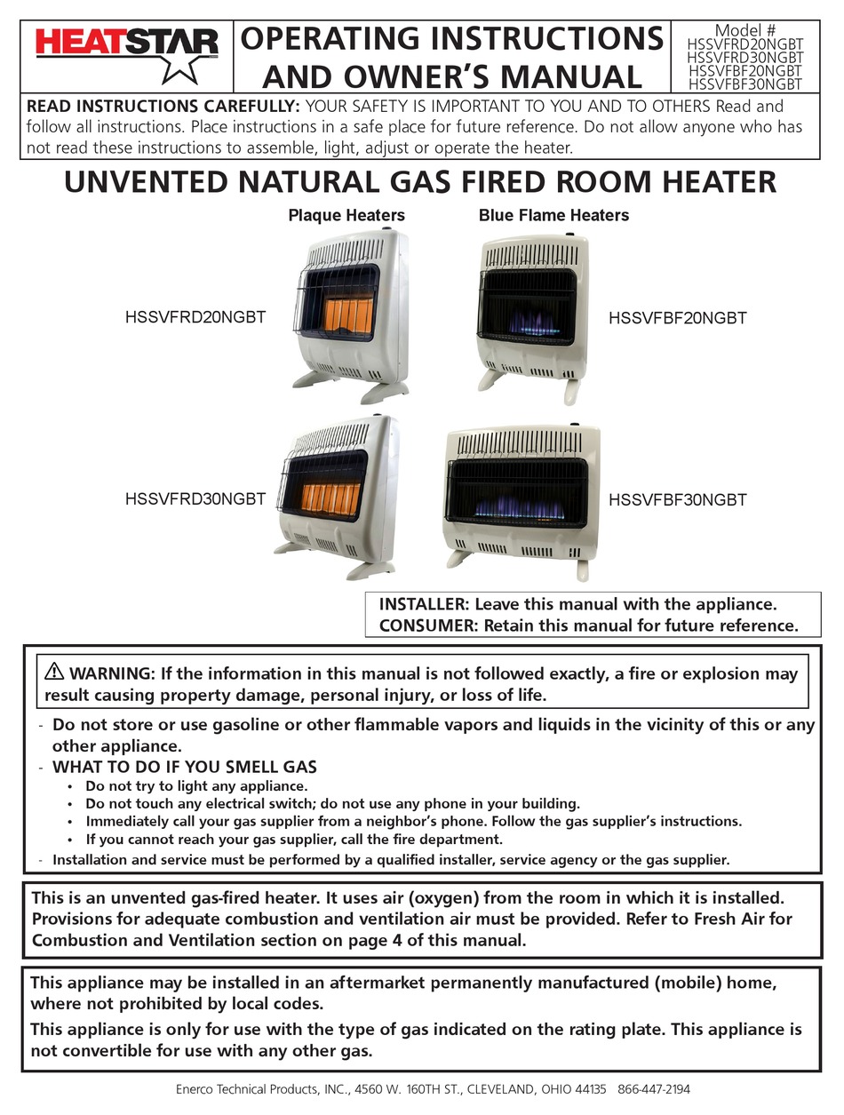 HEATSTAR HSSVFRD30NGBT OPERATING INSTRUCTIONS AND OWNER'S MANUAL Pdf