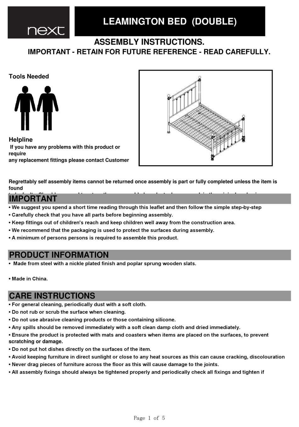 NEXT LEAMINGTON DOUBLE BED ASSEMBLY INSTRUCTION Pdf Download ManualsLib