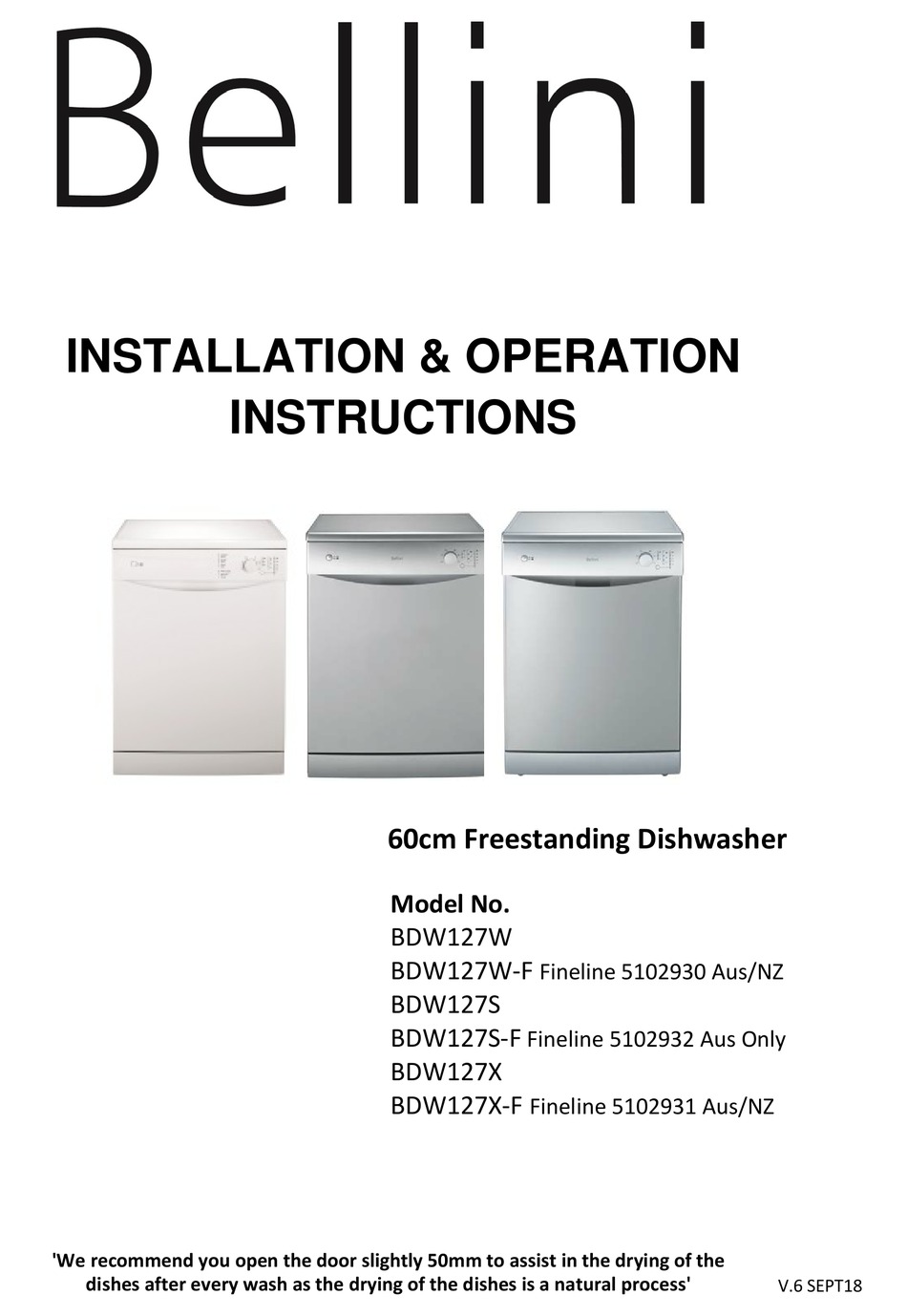 BELLINI BDW127W INSTALLATION & OPERATION INSTRUCTIONS Pdf Download