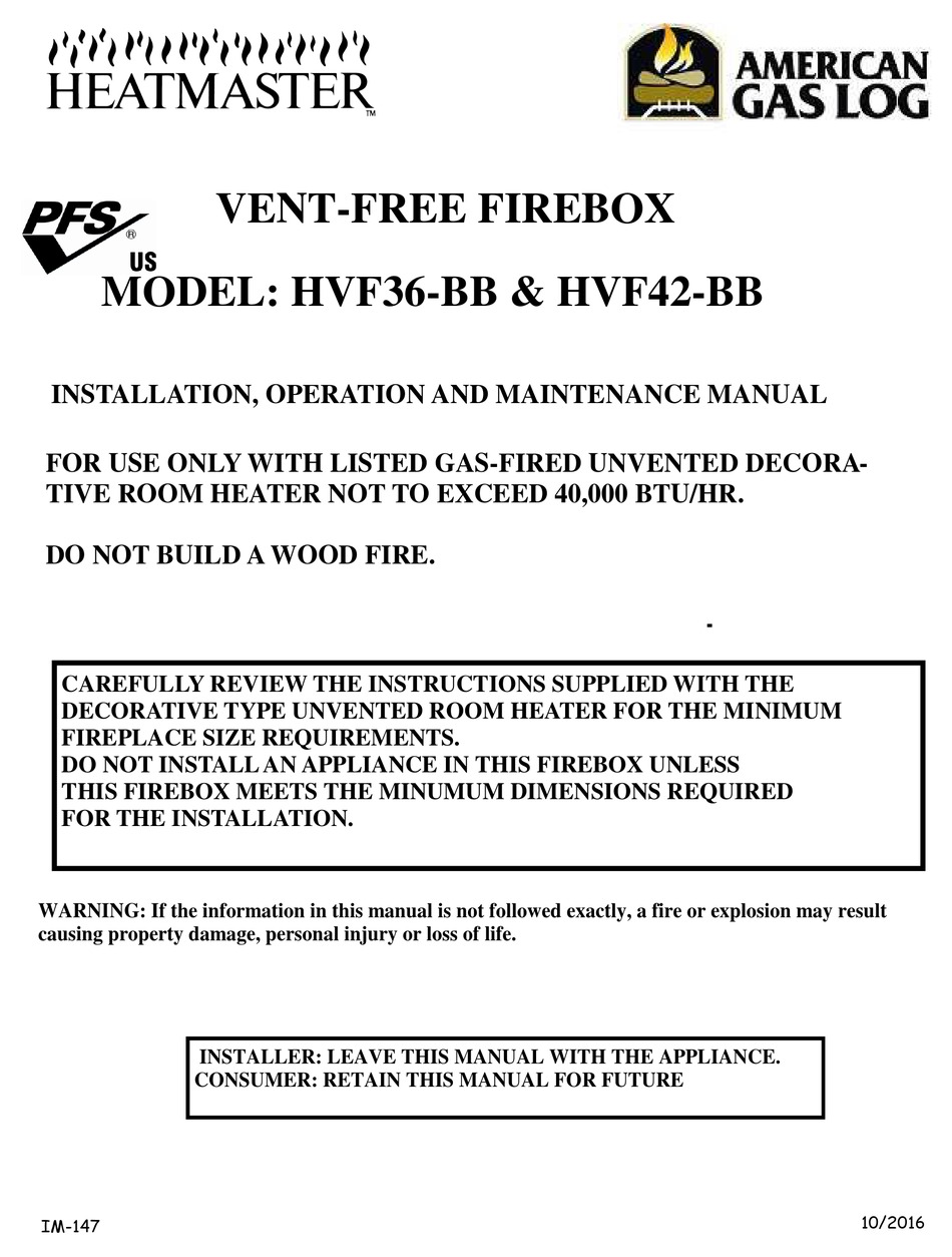 HEATMASTER HVF36BB INSTALLATION, OPERATION AND MAINTENANCE MANUAL Pdf