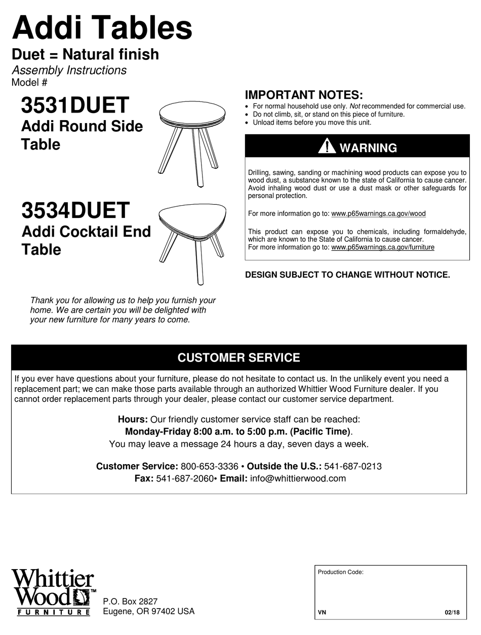 WHITTIER WOOD PRODUCTS 3531DUET ASSEMBLY INSTRUCTIONS Pdf Download