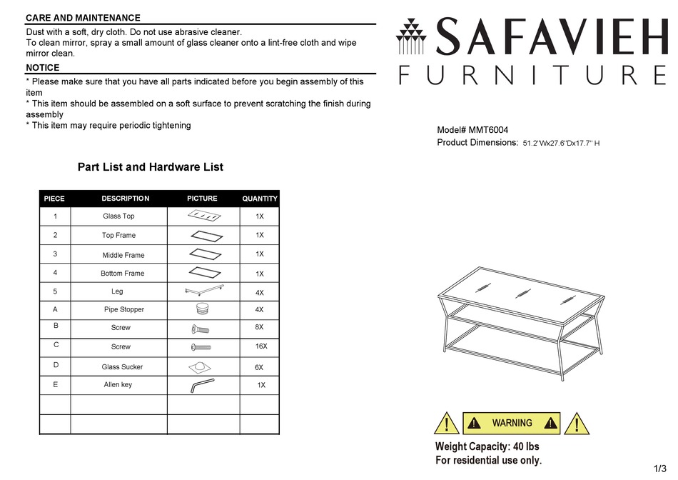 SAFAVIEH FURNITURE MMT6004 QUICK START MANUAL Pdf Download ManualsLib