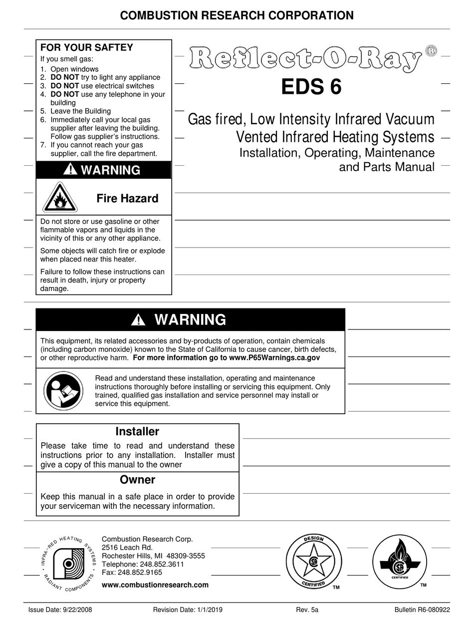 COMBUSTION RESEARCH REFLECTORAY EDS 6 INSTALLATION, OPERATING