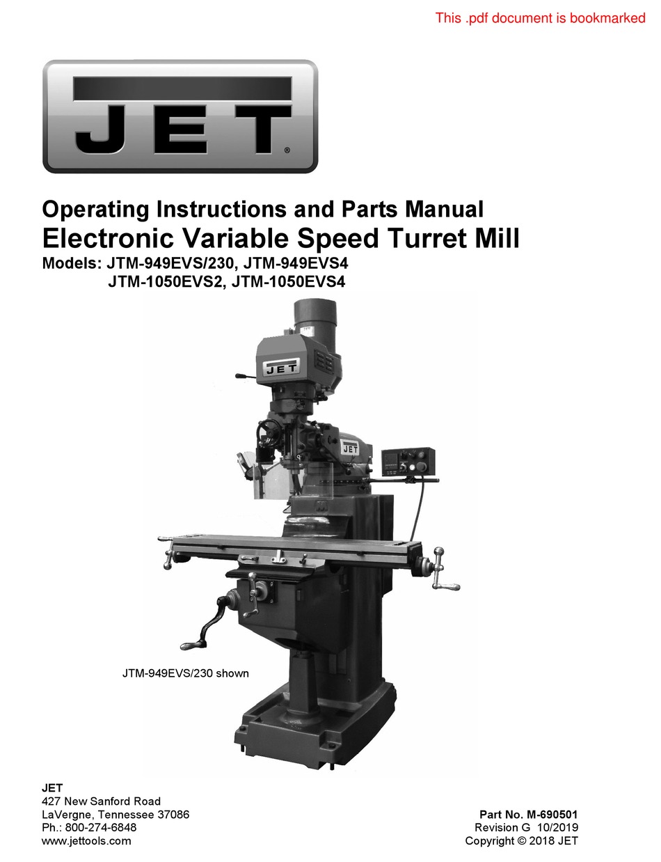 JET JTM949EVS4 OPERATING INSTRUCTIONS AND PARTS MANUAL Pdf Download