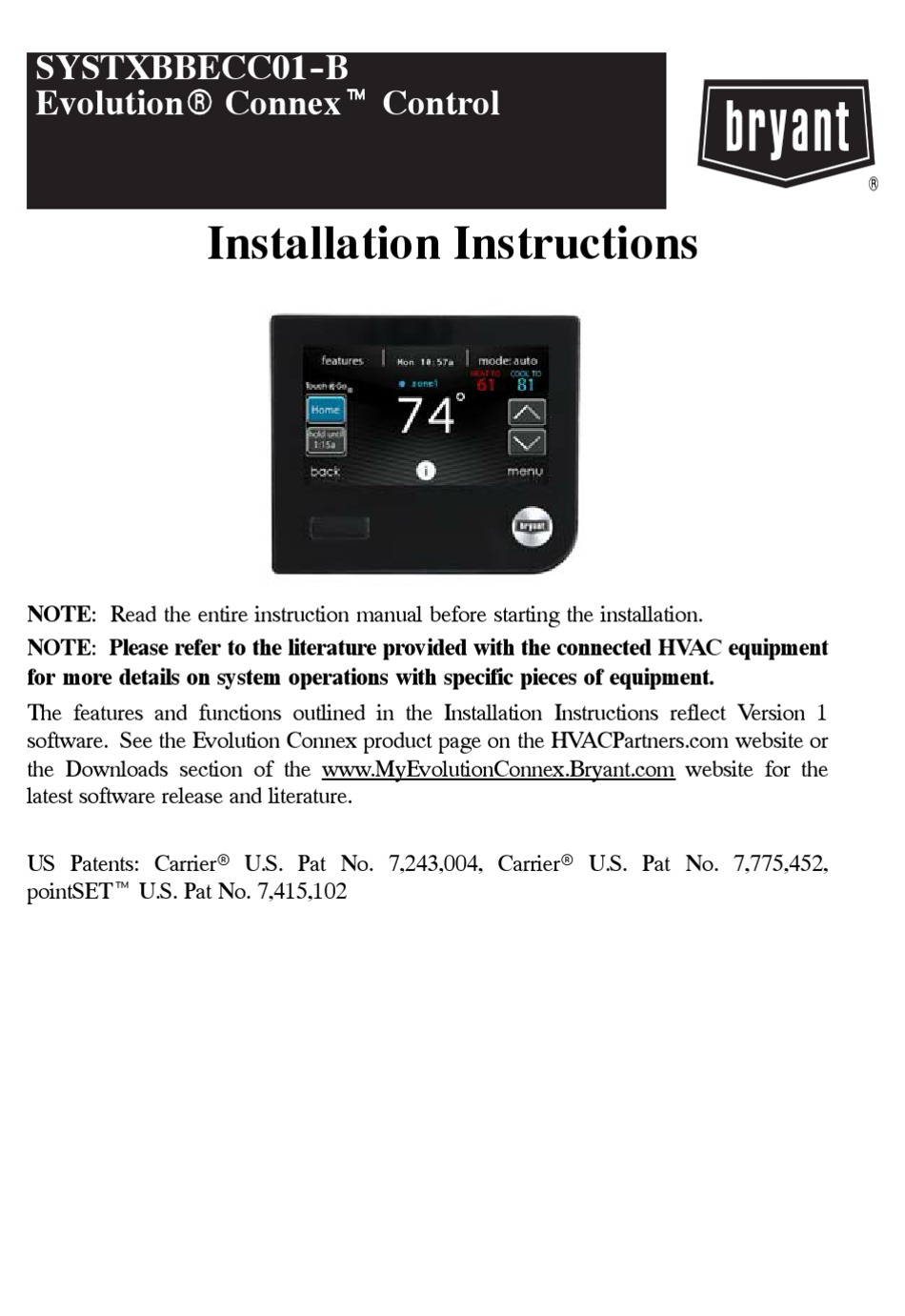 BRYANT EVOLUTION CONNEX SYSTXBBECC01- INSTALLATION INSTRUCTIONS MANUAL ...