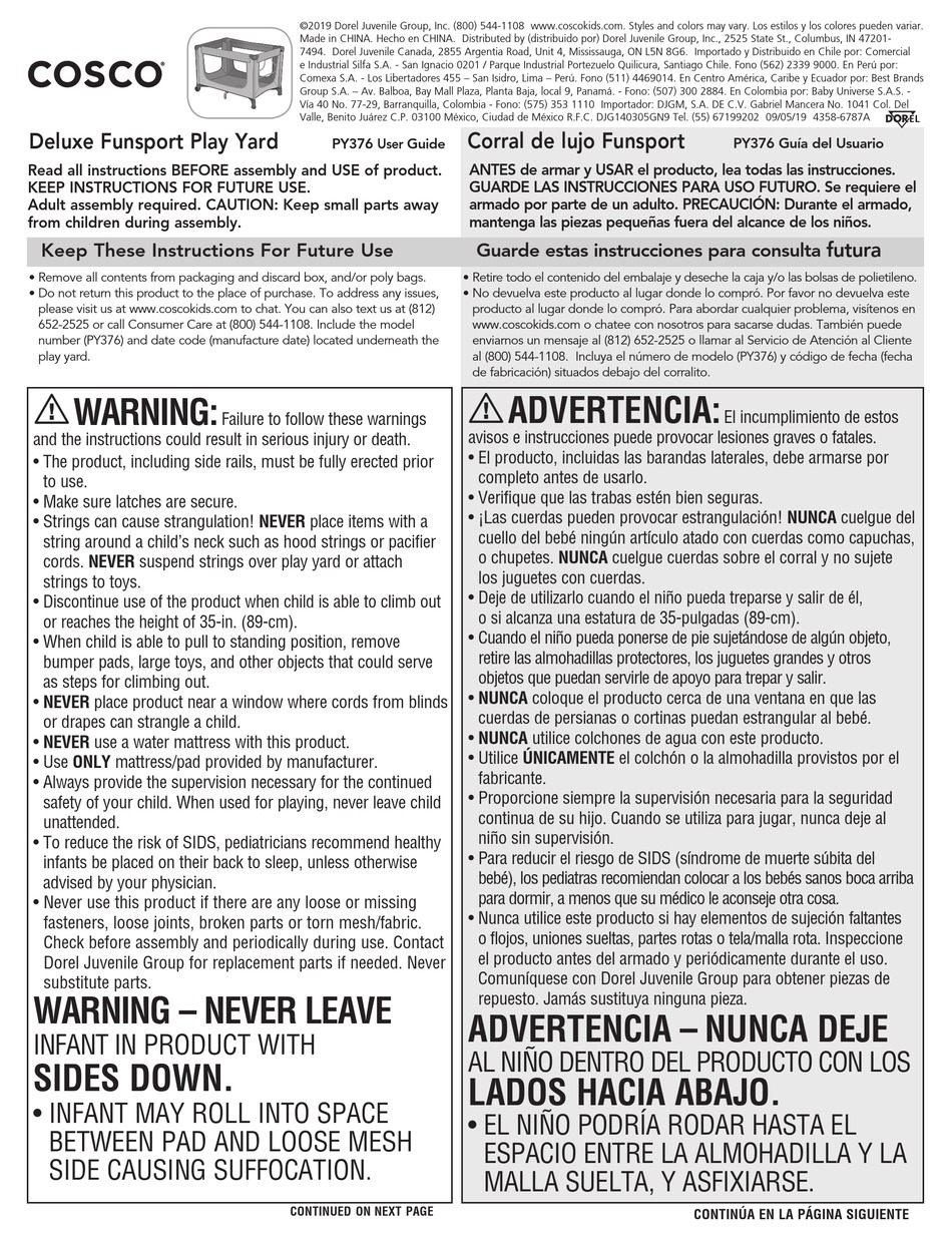 DOREL JUVENILE GROUP COSCO DELUXE FUNSPORT PLAY YARD USER MANUAL Pdf