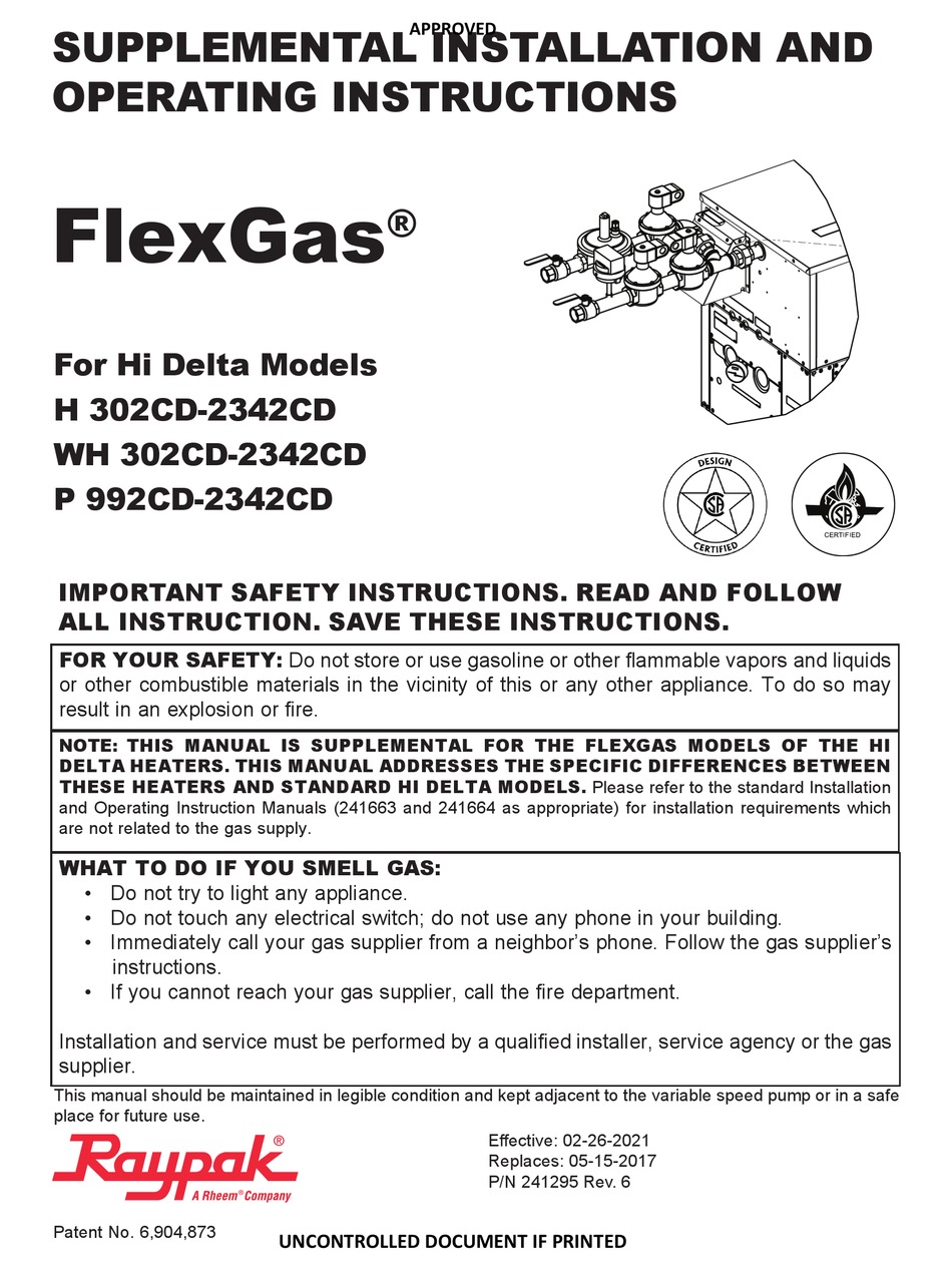 RAYPAK FLEXGAS HI DELTA H 302CD2342CD SUPPLEMENTAL INSTALLATION AND