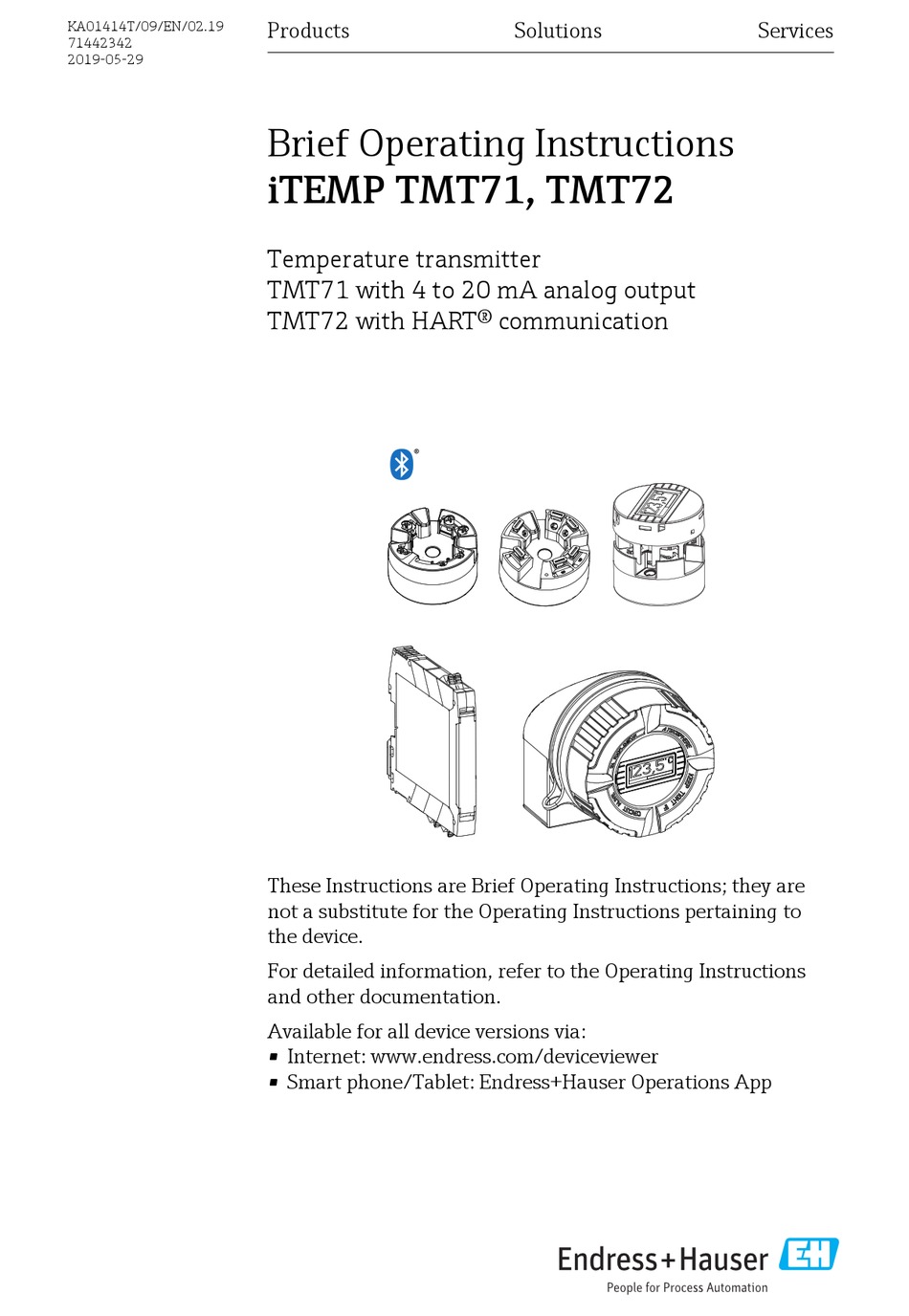 ENDRESS+HAUSER ITEMP TMT71 BRIEF OPERATING INSTRUCTIONS Pdf Download