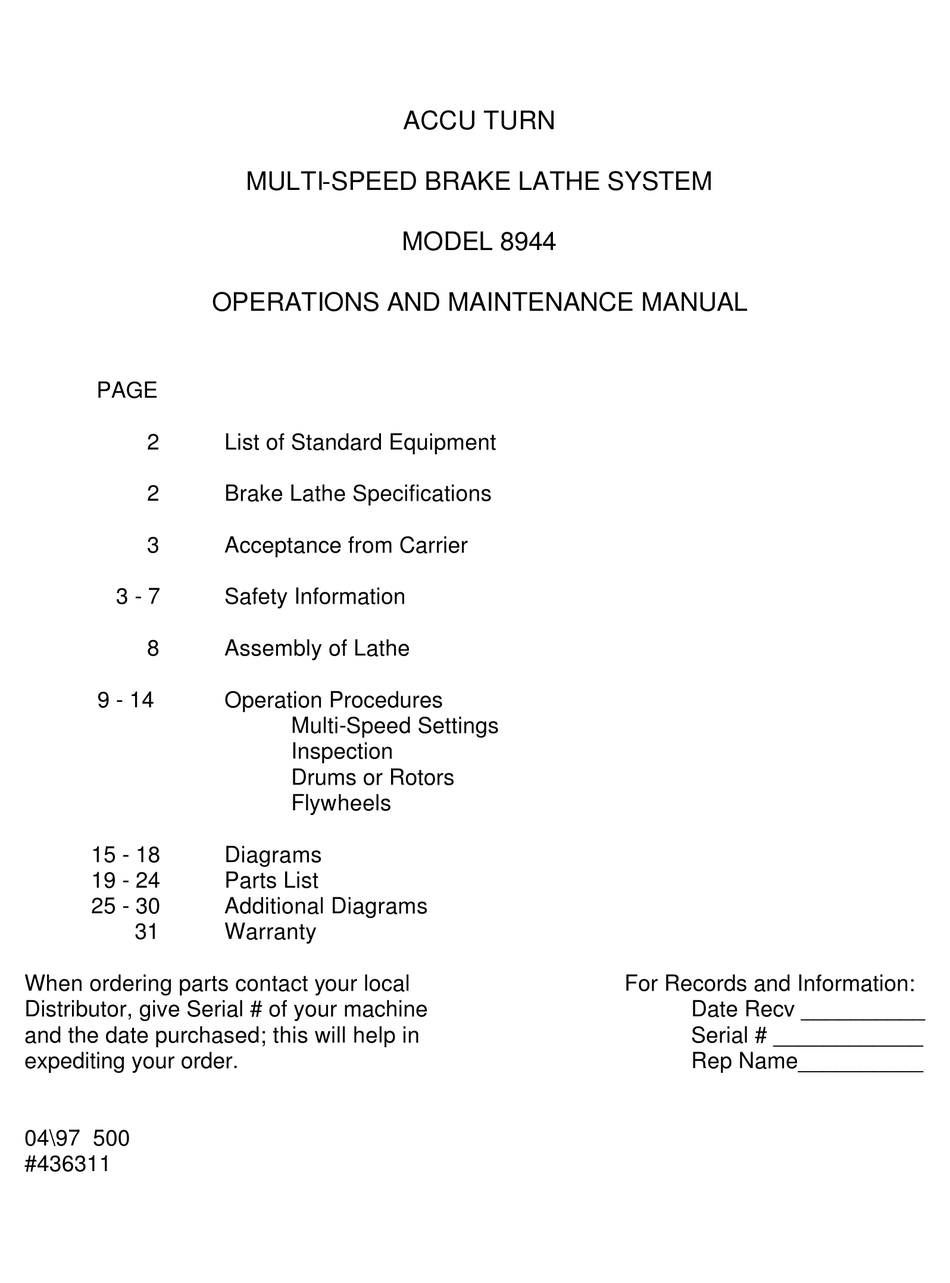ACCU TURN 8944 OPERATION AND MAINTENANCE MANUAL Pdf Download ManualsLib