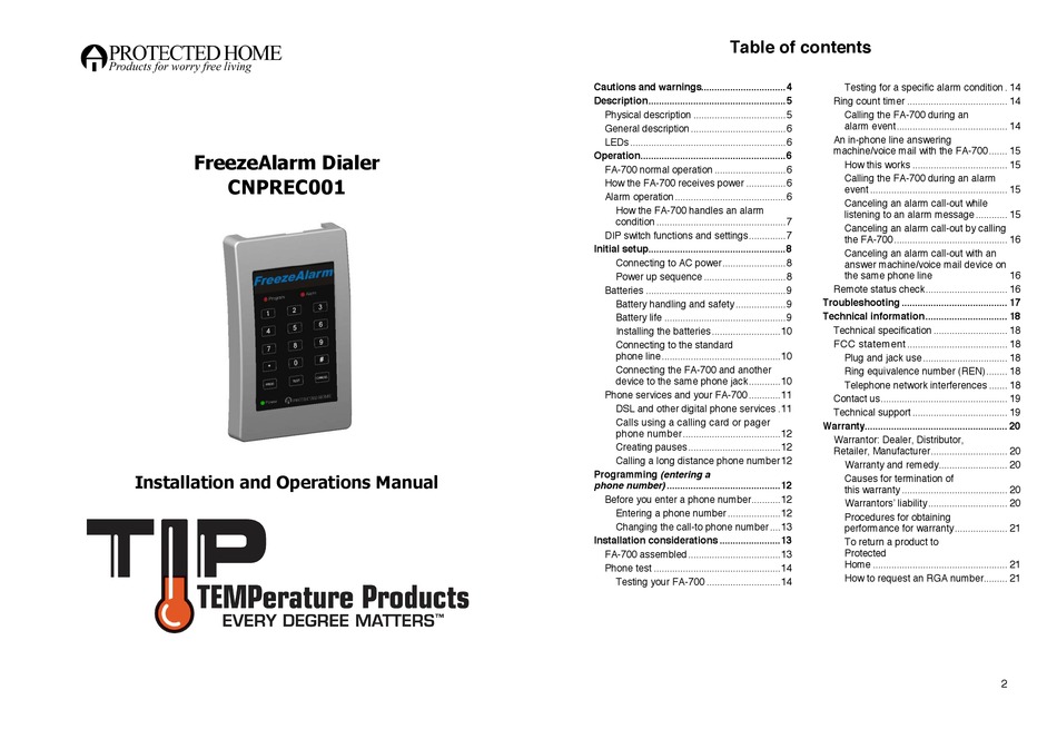 TEMPERATURE PRODUCTS FREEZEALARM DIALER CNPREC001 INSTALLATION AND