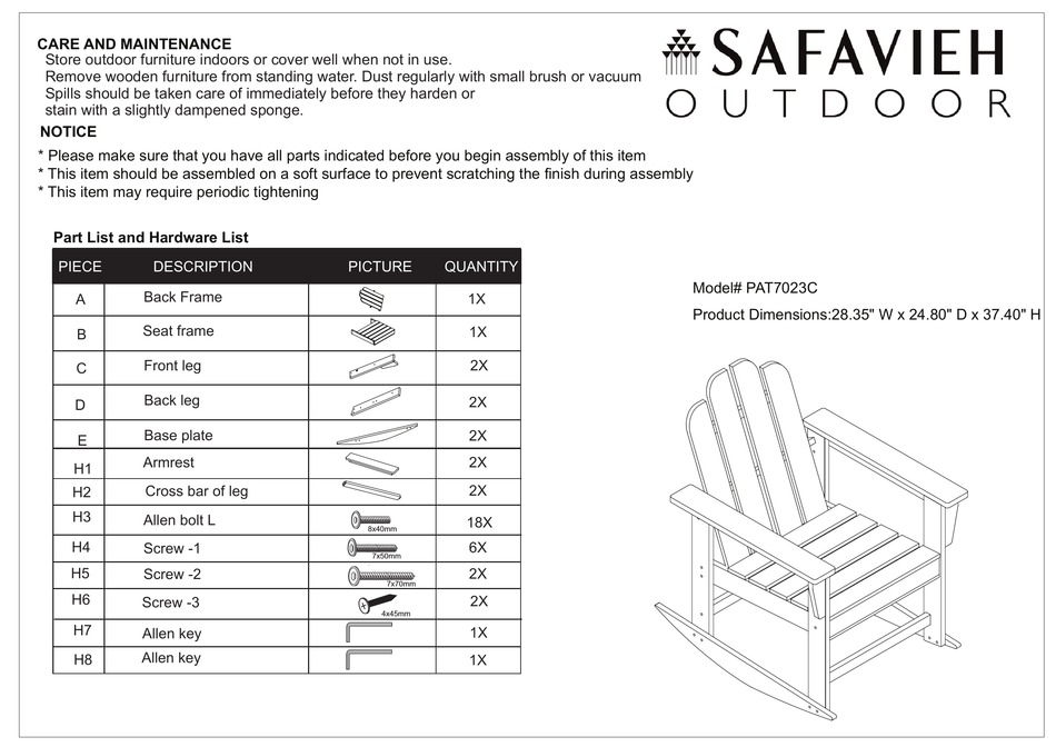 SAFAVIEH OUTDOOR MORENO ROCKING CHAIR PAT7023C ASSEMBLY INSTRUCTIONS