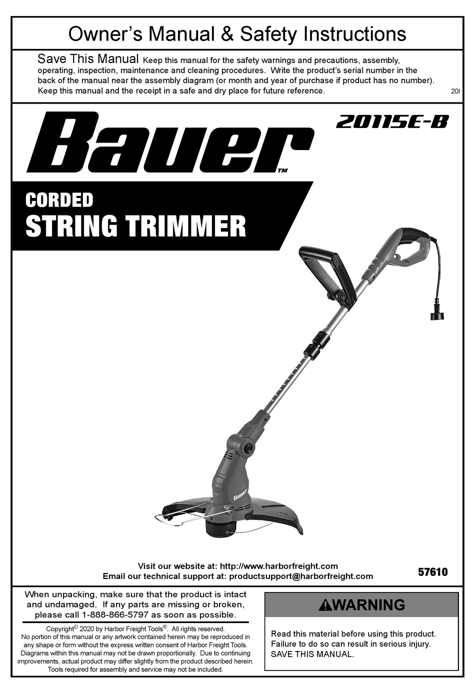 BAUER 20115E-B OWNER'S MANUAL & SAFETY INSTRUCTIONS Pdf Download ...